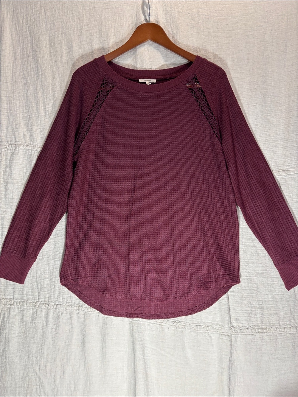 Maurices Eggplant Waffle Knit Pullover with Lace Shoulder Insets
